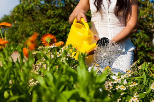 Seasonal garden maintenance work with leaves and plants in Newbury Park
