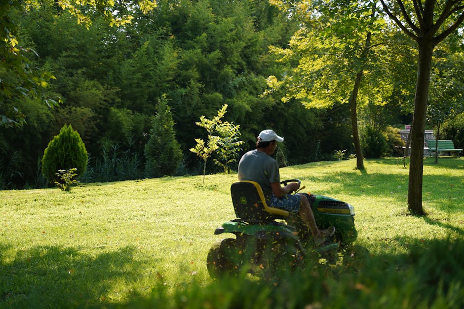 A garden maintenance worker wearing a blue shirt, beige trousers, and a dark baseball cap is using a strimmer to trim the edge of a well-maintained lawn along a paved pathway. The garden features lush